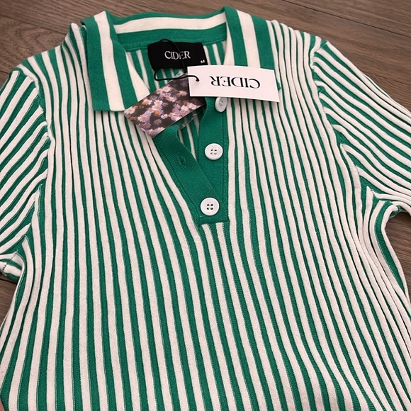 NWT Cider Stripe Knit Slim Green and White Polo Ribbed Crop Top Size Medium - Picture 5 of 9